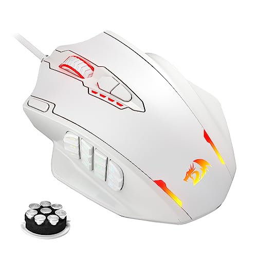 Redragon M908 Impact RGB LED MMO Gaming Mouse with 12 Side Buttons, Optical Wired Ergonomic Mouse with Max 12,400DPI, High Precision, 18 Programmable Macro Shortcuts, Comfort Grip, White | Stable Lag-Free Connection, Redefine Keybinding Macro, Vibing Back