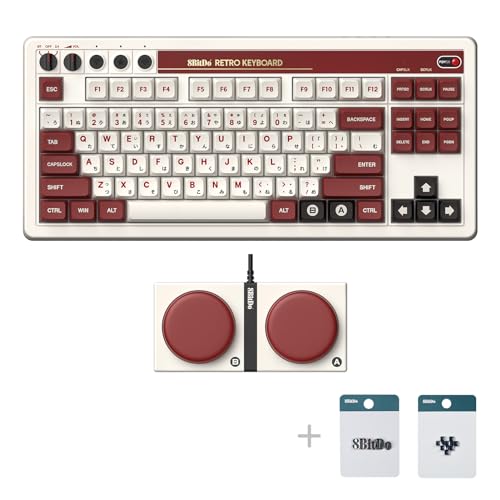 8Bitdo 87 Keys Retro Mechanical Keyboard Bluetooth/2.4G/USB-C, Hot Swappable, Dual Super Programmable Buttons, Volume knob for Windows and Android - Fami Edition - color: Fami Edition