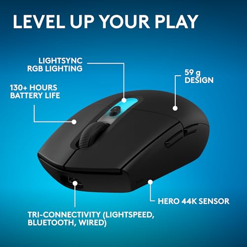 Logitech G305 X Superlight Wireless Gaming Mouse - Black | 59g Lightweight, 44K DPI, 678 IPS, Wireless 2.4 GHz/Bluetooth/USB-C, <170 hr Battery, 6 buttons, RGB, PC/Mac Compatible - color: Black, style: Superlight