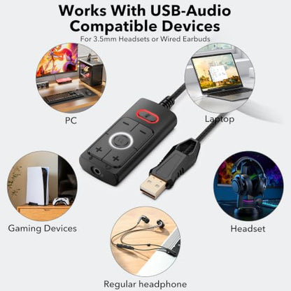 1Mii S03 USB Sound Card, 7.1 Virtual Surround Sound Gaming Audio Adapter, Plug & Play USB to 3.5mm Headphone and Microphone Jack with Volume Control, Mic Mute, for PC, Laptop and Gaming Devices