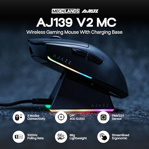 MechLands AJAZZ AJ139 V2 MC Gaming Mouse with Charging Base, Adjustable 12,000 DPI, PAW3311 Sensor, 3 Modes Wireless Mouse, 500mAh Battery, 1000 Polling Rate, 66g Lightweight, Win/Mac (Black) - color: Black