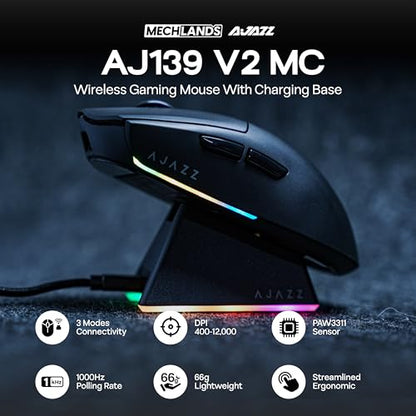 MechLands AJAZZ AJ139 V2 MC Gaming Mouse with Charging Base, Adjustable 12,000 DPI, PAW3311 Sensor, 3 Modes Wireless Mouse, 500mAh Battery, 1000 Polling Rate, 66g Lightweight, Win/Mac (Black) - color: Black