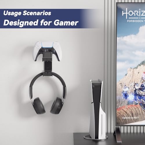 KDD Dual Controller & Headphone Holder Stand Wall Mount - Gaming Headset Hanger with Adhesive or Screws Install for Xbox Series X/S, PS5/4/3, Switch, STEAM, Universal PC Gamepad Accessories