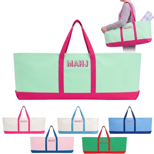 Mahjong Bag for Tiles and Racks Empty American Mahjong Tiles Carrying Tote 31.5 x 12 x 4 Inch Canvas Tile Game Accessory Gift for Pusher Rack Mat Carrying, Case Only(Rose Red and Green) - color: Rose Red and Green