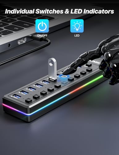 Powered USB Hub, 10-Port USB Splitter with RGB LED Strip | 5Gbps Data Transfer,Individual LED On/Off Switches and 12V/2A Power Adapter for Laptop, PC, Mouse, Keyboard, Hard Drive - style: 10 PORT