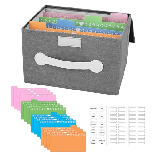 Greeting Card Organizer Box with 16 Dividers,Collapsible Greeting Card Storage Box With Lids，Ideal for Greeting Cards,Recipes, Photos, Envelopes, Keepsake（Grey，84 Pcs Labels） - color: Grey