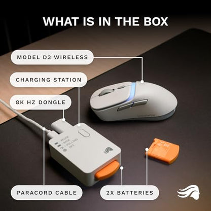 GLORIOUS Gaming Model D3 Wireless Gaming Mouse - InfinitePlay Swappable Battery, 130H Battery Life, 8k Polling, 130M Optical Switches, Ultralight 69g, 30K DPI Optical Sensor, RGB - White - color: White, style: Model D3 (Ergonomic)