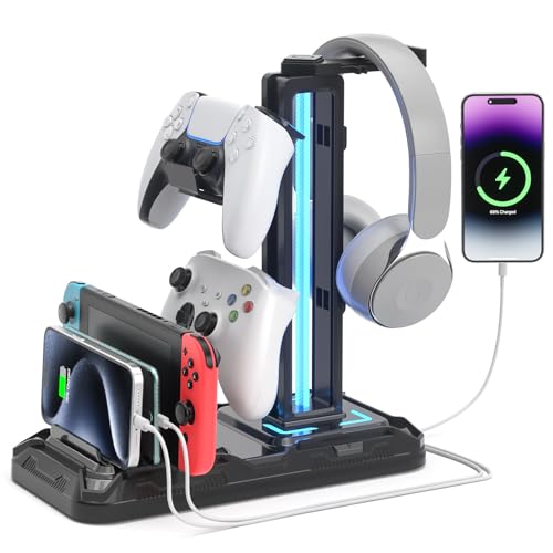 KDD Headset Stand with Charging Station - Detachable Controller Holder with 9 Light Modes - Rotatable Headphone Hanger with USB A&C Charger Ports - Earphone Hook for PC Gaming Accessories Storage - color: Black