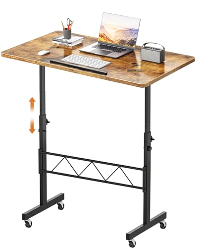 GTPLAYER Standing Desk Adjustable Height & Tiltable Tabletop, 32 Inch Portable Desk for Home Office Stand Up Work and Walking Pad Treadmill, Small Mobile Computer Table for Laptop, Brown - color: Brown