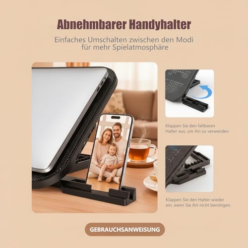 Laptop Cooling Pad with 3 Quiet Fans, 5-Level Height Adjustable Ergonomic Stand, 2 USB Ports & Phone Holder, Fits 12-17 Inch Laptops, Family-Friendly for Gaming/Work/Online Class,