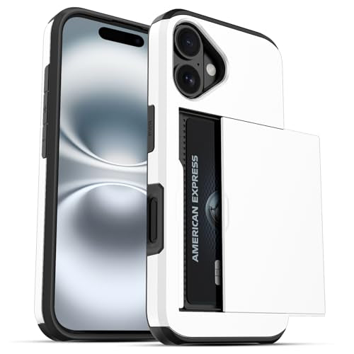 Jiunai for iPhone 16 Case Wallet Holds 2 Cards Slide Card Pocket White | Pocket for IDs Credit Access Cards License, Shockproof Protective Phone Cover for iPhone 16 6.1" Women Men Teen School Work - color: White, size: for iPhone 16 6.1''