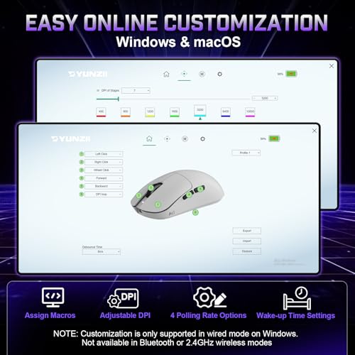 YUNZII M1 PAW3311 Sensor Wireless Gaming Mouse (White) | 7-Level DPI Adjustment Up to 10000 DPI, Stable 1000Hz polling rate, 60g Lightweight Design, Easy Software for Win & Mac - color: White