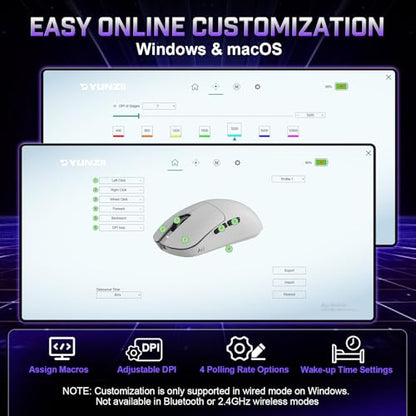 YUNZII M1 PAW3311 Sensor Wireless Gaming Mouse (White) | 7-Level DPI Adjustment Up to 10000 DPI, Stable 1000Hz polling rate, 60g Lightweight Design, Easy Software for Win & Mac - color: White