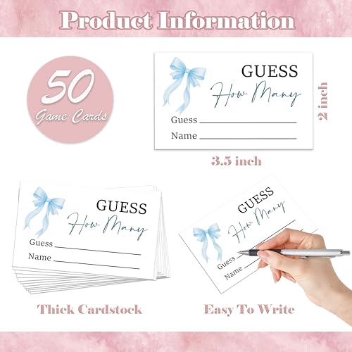 Blue Bow Guess How Many Candies Are In The Jar Game, Pack of 1 Wooden Tabletop Sign with Stand and 50 Guessing Cards, Blue Coquette Bow Baby Shower Game, Gender Reveal Party Decorations - KA02 - color: Guess How Many Candies Are in the Jar
