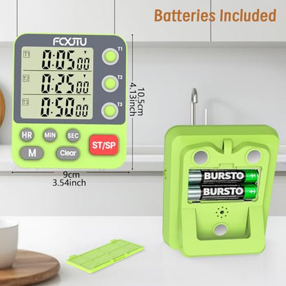 Digital Dual Triple Kitchen Timer, 3-Channel Magnetic Countdown Timer for Cooking, Large Display Stopwatch Multi Food Classroom Timer Loud Alarm for Seniors Teachers Battery Included (Green) - size: YS318 Green