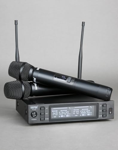SGPRO SG-82HH Dual Handheld Wireless Microphone System, 520-590 MHz | Metal handheld mics and receiver, Adjustable UHF channels, Antenna diversity, Professional audio and events