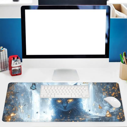 Blue Cat Gaming Mouse Pad Nature White Marble Gold Butterfly Large Gaming Mouse Mat with Stitched Edges,Non-Slip Waterproof Rubber Base Mous Mat 31.5"x11.8" - color: Blue Cat, size: 31.5L x 31.5W inches