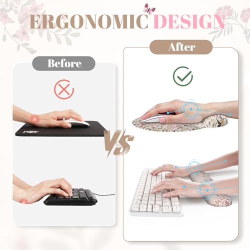 iCasso Desk Mat Set,Large Mouse Pad with Wrist Rest,Ergonomic Keyboard Wrist Support for Women,Girly Floral Computer Mat with Scalloped Edges,Non-Slip Desk Pad Home Office Gaming (Beige) - color: Beige