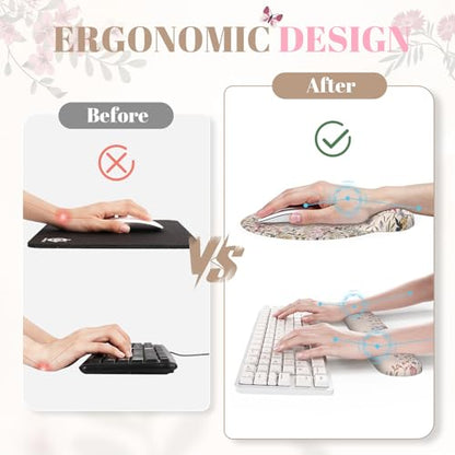 iCasso Desk Mat Set,Large Mouse Pad with Wrist Rest,Ergonomic Keyboard Wrist Support for Women,Girly Floral Computer Mat with Scalloped Edges,Non-Slip Desk Pad Home Office Gaming (Beige) - color: Beige