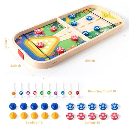 3-in-1 Wooden Tabletop Board Game - Portable Curling, Slingshot & Bowling Set for Kids & Family - Educational Montessori Toy, Screen-Free Indoor Fun, for Boys Girls Ages 3+