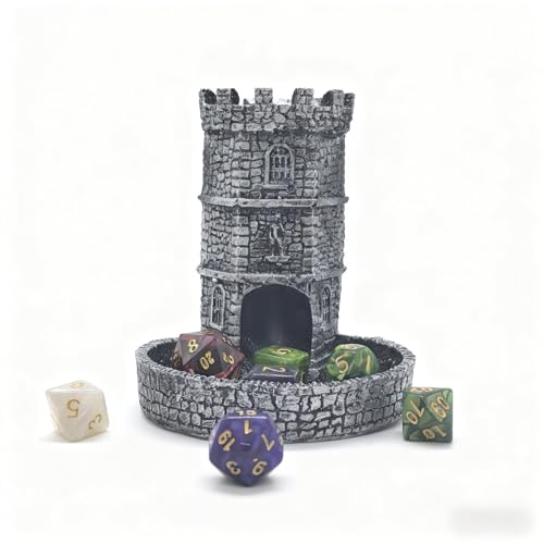 Tower Castle Retro DND Dice Rolling Tower Dice Tower Dungeons and Dragons Dice Jail D&D Accessories (Random 7PCS D20 Dice Set Included) Silver