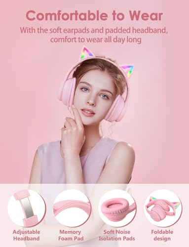 Cat Ear Bluetooth Headphones with Micphone for Kids & Adults, LED Light Up Wireless HI-FI Sound Quality, Over-Ear Headphones with Volume Control for iPhone/iPad/Laptop/PC(55H Play Time) - style: Adults-105dB-Pink