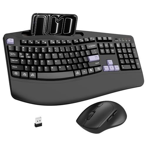 Wireless Keyboard and Mouse Combo, Full Size Ergonomic Wave Keys(Purple-B) | 2.4G Ergonomic Keyboard with Wrist Rest, Phone Holder, 3-Level DPI Silent Mouse with 6-Buttons, for Windows/Mac OS/Laptop/PC - color: Purple Black