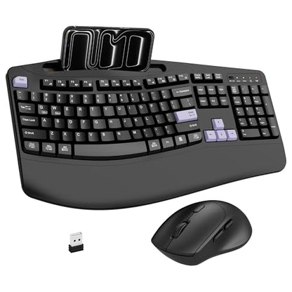 Wireless Keyboard and Mouse Combo, Full Size Ergonomic Wave Keys(Purple-B) | 2.4G Ergonomic Keyboard with Wrist Rest, Phone Holder, 3-Level DPI Silent Mouse with 6-Buttons, for Windows/Mac OS/Laptop/PC - color: Purple Black
