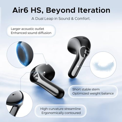 SoundPEATS Air6 HS Wireless Earbuds, Bluetooth 6.0, LDAC Hi-Res Audio for HiFi Sound, 13mm Dynamic Driver, Total 45H, Quick Charging, IPX5 Resistant, Comfortable Fit, ENC Noise Canceling, Support App - color: Black