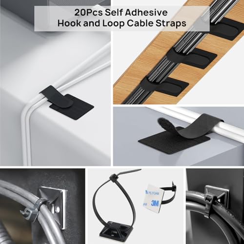 Cable Management Kit - 4 Cable Sleeve, 57 Self Adhesive Cable Clips, 12 Hanging Strips, 12 Cable Organizer Straps and 100 Fastening Cable Ties for TV Computer Under Desk (Black and White) - color: Black