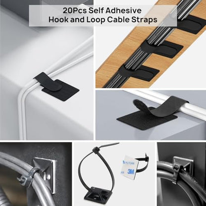 Cable Management Kit - 4 Cable Sleeve, 57 Self Adhesive Cable Clips, 12 Hanging Strips, 12 Cable Organizer Straps and 100 Fastening Cable Ties for TV Computer Under Desk (Black and White) - color: Black