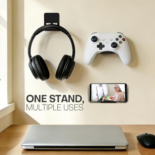 Wall Mount Headphone Stand, 2-in-1 Bendable Silicone Controller Holder, Adhesive Under Desk Hook for Gaming Office & Home, Fits All Headphones for PS5 Xbox Controllers - 1 Pack (Black/White) - color: Black