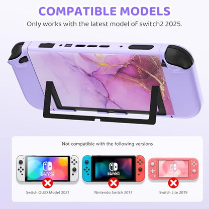 FUNDIARY Travel Carrying Case for Nintendo Switch 2 with Purple Marble Design, Cute Accessories with Portable Storage Bag, Dockable Protective Cover, Screen Protector, Shoulder Strap and 2 Thumb Caps