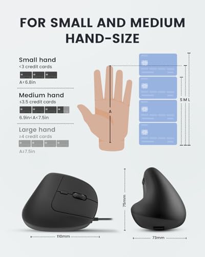 Perixx PERIMICE-508II Wired Vertical Ergonomic Mouse - 6 Buttons, Adjustable DPI 1000/1600/3200/6400, Optical Sensor, USB Plug and Play, Right-Handed, Black - style: Wired