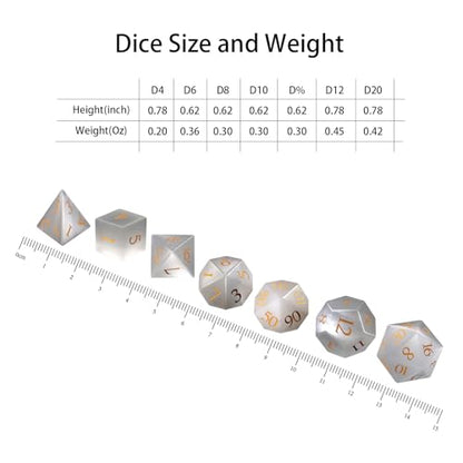 LUCKY-M Cat Eye Gemstone Dice DND Set, 7PCS Natural Handmade Dice for Dungeons and Dragons, D&D Accessories Men Gift (White) - color: Cat Eye- White