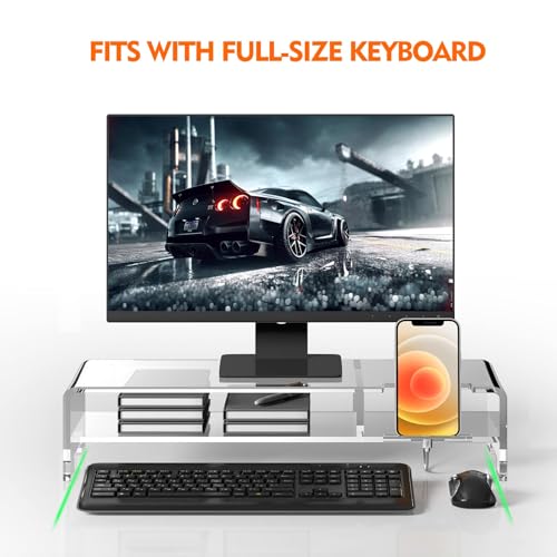 BEYGORM Acrylic Monitor Stand for Full Keyboard, 20" Wide 2-Tier | Clear Riser with Storage Shelf and Phone Holder, Desktop Organizer for Laptop, Printer & Screen