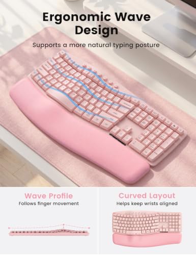 Pink Wireless Keyboard and Mouse Combo, Ergonomic Wave, 30dB Quiet, MA41 - color: Pink