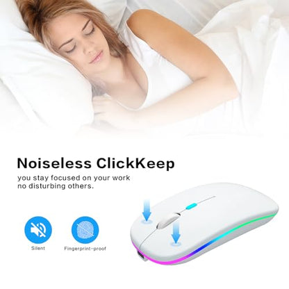 AIKOKOK Wireless Bluetooth Mouse, Rechargeable Dual Mode Mouse, White | BT 5.2 & 2.4G USB Receiver, 3 Adjustable DPI,LED Lights,Slim,Silent,Portable Computer Mouse for Laptop,PC,MacBook,iPad,Tablet - color: White