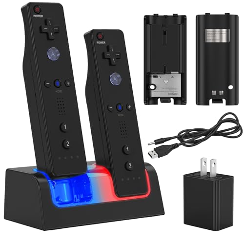 Remote Controller Charger for Wii/Wii U with 2 Pack 2800mAh Rechargeable Battery Pack, 2 Port Charging Station for Wii Controller, Remotes are not Included - color: Black, size: 5.1 * 2.3 inches