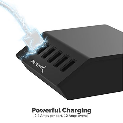 SABRENT 60W 6-Port USB Charging Station, Auto-Detect, UL (AX-FLCH-B) | 12A aluminum desktop rapid charger; smart auto-detect ports; UL certified; black - size: 6-Port