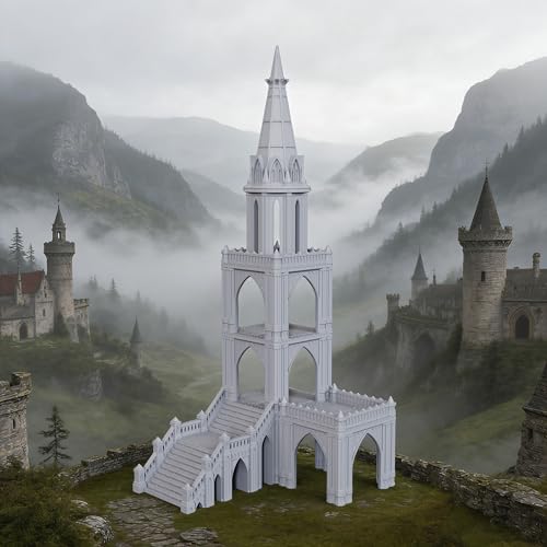 AUSPDICE Sci-Fi Buildings 25mm Gothic Spire Tower, Wargame Terrain | 1:64 Scale Unpainted Multi-Tier Tower with Open Balconies and Stairs for Sci-Fi TTRPGs, Wargames and Dioramas - AF1153A