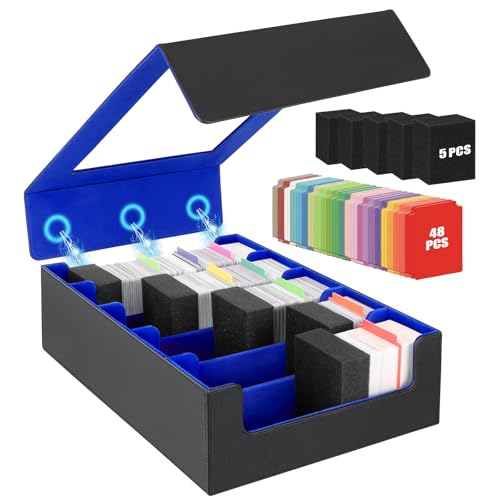 AOBOPLE Trading Card Storage Box,3900+ Card Box Storage with 48 Dividers and 5 Foam Supporters PU Leather Magnetic Card Box for MTG TCG Magic and Sport Cards,Great Gift for Card Collectors - color: 3900+Black Blue