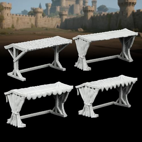 Miniature Game Market Stalls - 25mm Scale Unpainted TTRPG Merchant Tent Scenery, 4-Piece Fabric Awning Map Props for Dungeons and Dragons Wargame - Market Stall Awning (AF1104 P) - color: Af1104 P Market Stall Awning