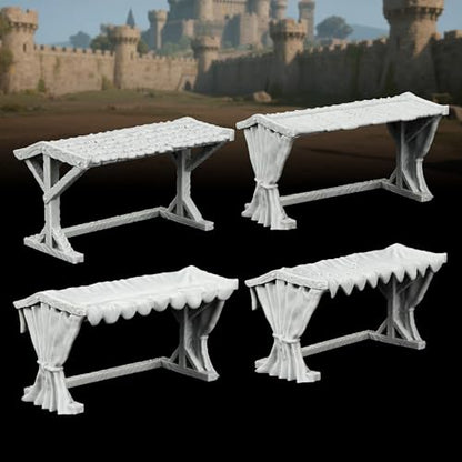 Miniature Game Market Stalls - 25mm Scale Unpainted TTRPG Merchant Tent Scenery, 4-Piece Fabric Awning Map Props for Dungeons and Dragons Wargame - Market Stall Awning (AF1104 P) - color: Af1104 P Market Stall Awning