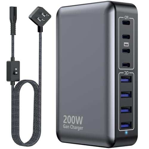 USB C Charger 200W Charger Block, 8-Ports Gan Fast Charging Station Hub, PD 65W Laptop Charging Adapter Compatible with MacBook Pro/Air, DELL, Steam Deck, iPhone 17/16/15/14, Galaxy - color: Black