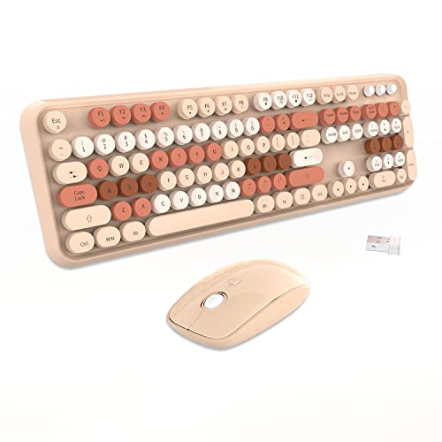 FOPETT Wireless Keyboard and Mouse Combo - 2.4G Full-Sized Cute Colorful Mouse and Keyboard with 104 Round Keys Retro Typewriter Keyboard for Laptop/Windows/PC - Brown Colorful - color: V2020 Brown Colorful