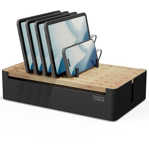 Prosumer's Choice Black Wooden Charging Station Organizer for Multiple Devices - Cable Management Box with 5 Slots and Removable Dividers - Charger Organizer for Phone, Tablet, Home, Office, 12"x6"x7" - color: Metal & Bamboo Black