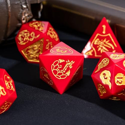 Cusdie 7-Piece Sharp Edges DND Dice Set with Dragon Pattern - Perfect for Tabletop RPGs Board Games Gifting and Collecting(Red with Gold Number) - color: Dragon Pattern R/G