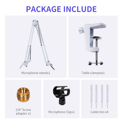 FEELWORLD AMS1 Microphone Boom Arm, Adjustable Mic Arm Stand with 3/8” to 5/8” Screw, Compatible with PM1 and other Mics for Podcast Straming Gaming Studio (White) - color: White