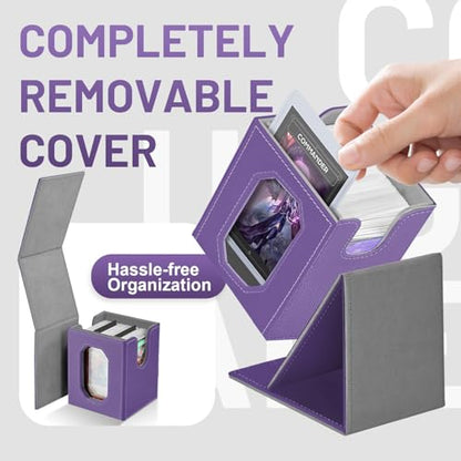 Trading Card Storage Box with Commander Display for MTG, TCG, Sports Cards, 5-in-1 Card Deck Box, Holds 450+ Double-Sleeved Cards, 4 Individual Deck Cases with Covers, Dice Tray & Magnetic Holders - color: Purple & Grey